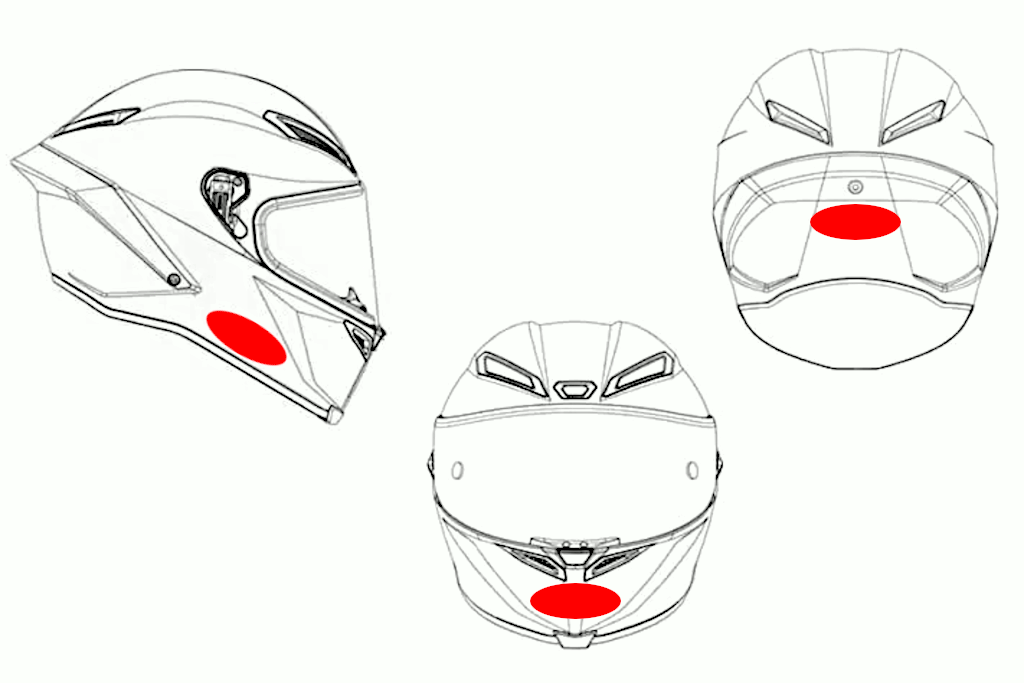 Position des stickers réfléchissants de face, de côté et de dos sur un casque moto