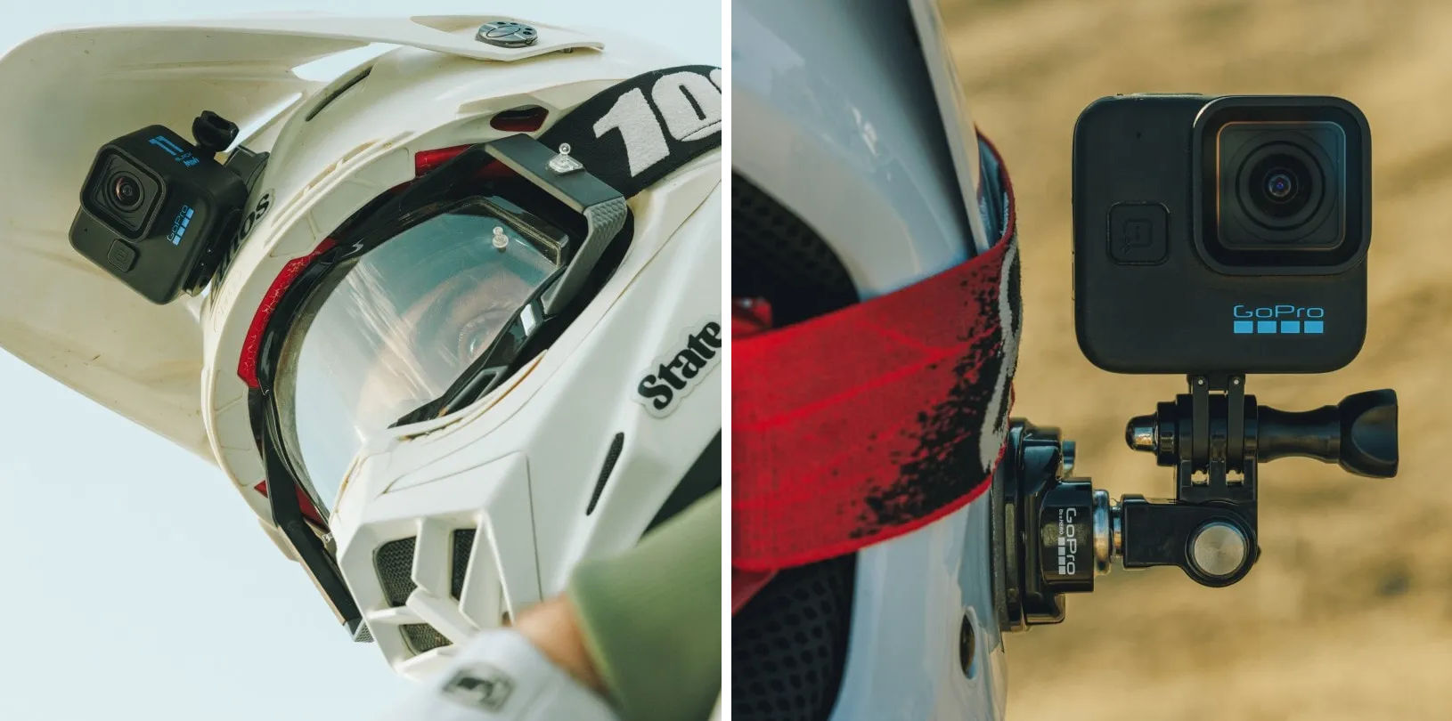 Exemples de caméras GoPro fixé sur le front et sur le côté de deux casques moto